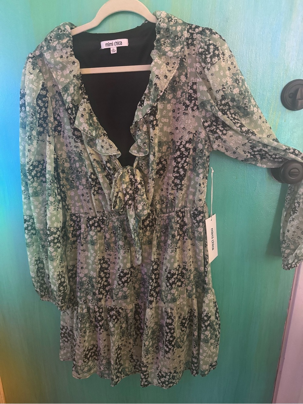 Mimi Chica Green Ruffled Floral Dress with Gold Threading BRAND NEW XL